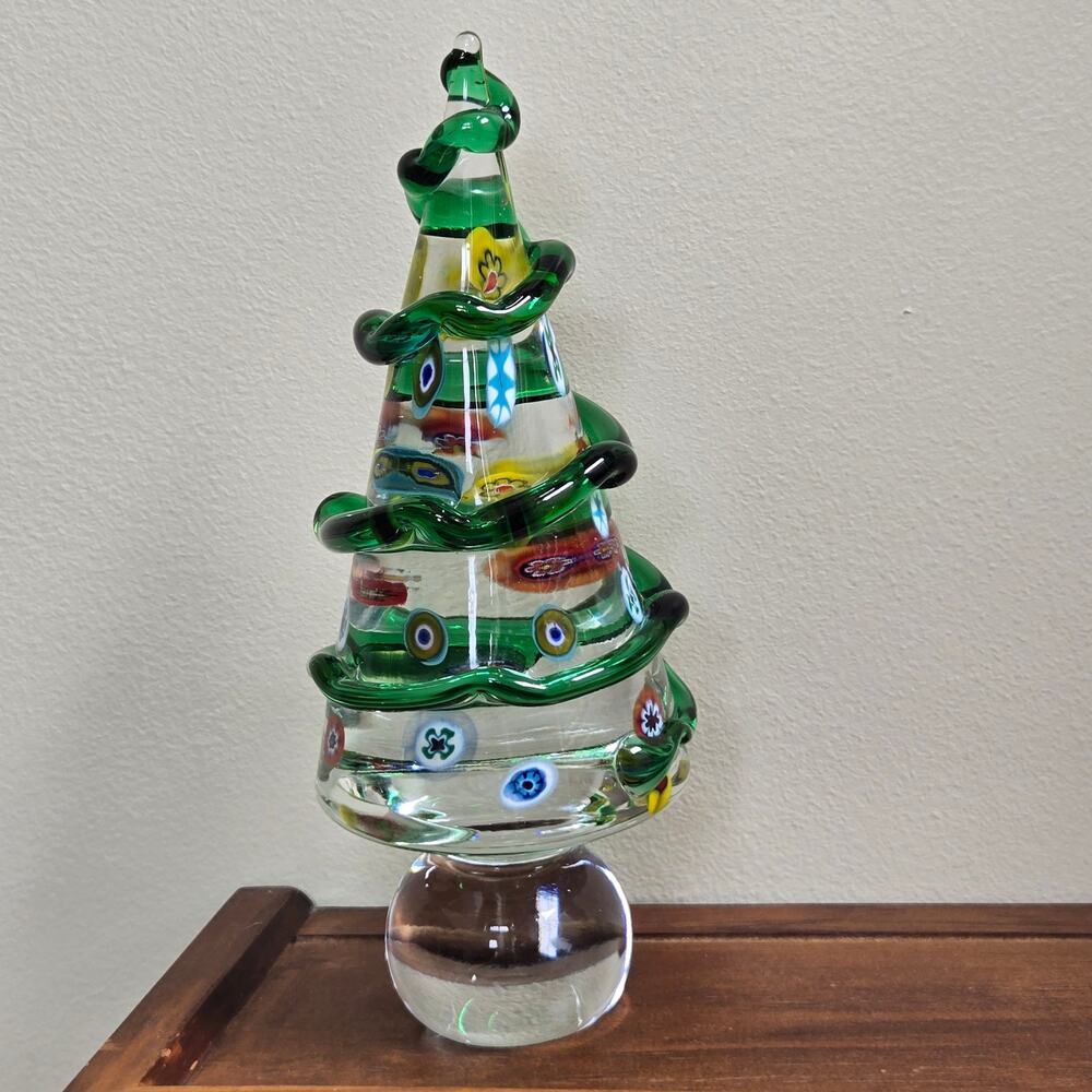 Murano Millefiori Hand-Blown Christmas Tree 9" Green Glass Spiral Garland